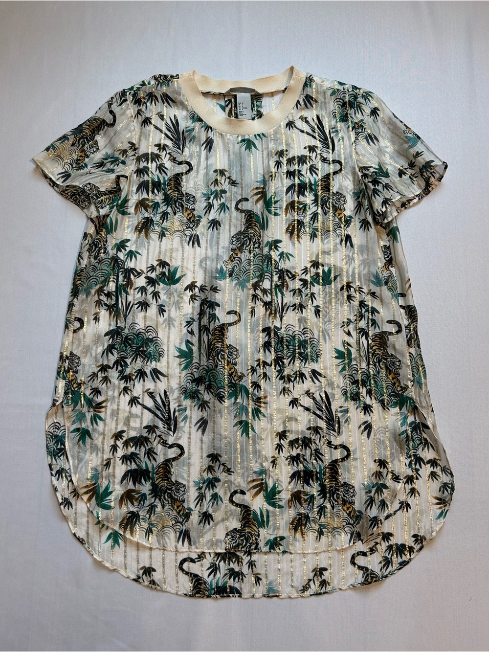 H&M Silk Sheer Tiger Tunic Shirt Beige Gold Green Size 4 US